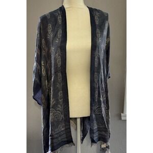 Chicos Kimono Cardigan Blue White Paisley Print Fringe OS
